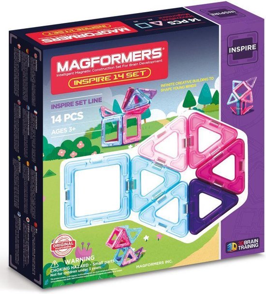 Magformers Inspire 14 delige set verpakking met afbeelding van speelgoed en landschap.