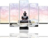 Schilderij , Boeddha op witte stenen , zwart wit roze ,4 maten , 5 luik , wanddecoratie , Premium print , XXL