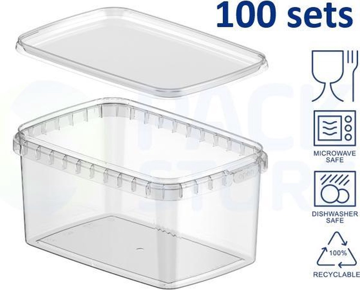 100 x plastic bakjes met deksel - 1600 ml - vershoudbakjes - meal prep bakjes - rechthoekig - transparant - geschikt voor diepvries, magnetron en vaatwasser - Nederlandse producent