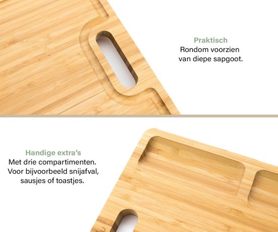 Détails de la planche à découper Budu : gouttière à jus et trois compartiments pour les déchets de coupe ou les sauces.