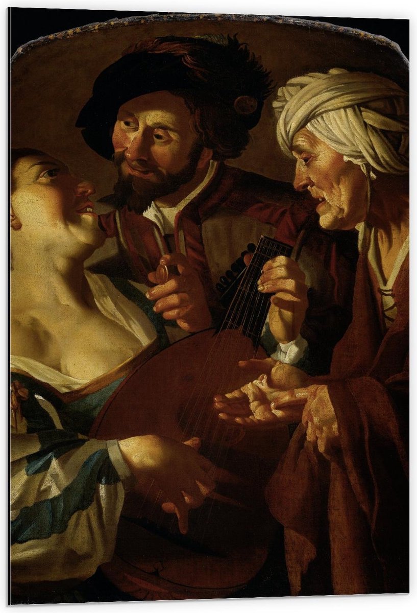 KuijsFotoprint Dibond - Oude meesters - De koppelaarster, Dirck van Baburen - 60x90cm Foto op Aluminium (Wanddecoratie van metaal) Bruin