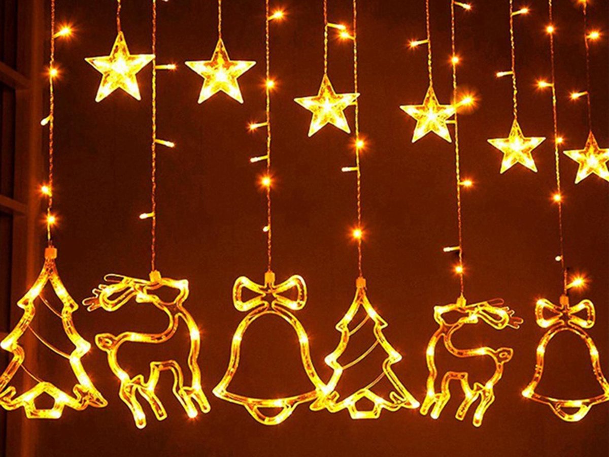 LED Kerstverlichting - Kerst lichtgordijn - Kerstgordijn - Magisch Lichtgordijn (3 meter breed)) - Met 3 meter aanloopsnoer - Sterrengordijn - Rendier, Ster, Kerstbel & Dennenboom - Warm Wit - Spatwaterdicht - Ideaal voor Raamdecoratie