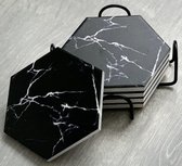 Marmer onderzetters - keramisch - zwart - metaal houder - voor glazen - zeshoekig - hexagon