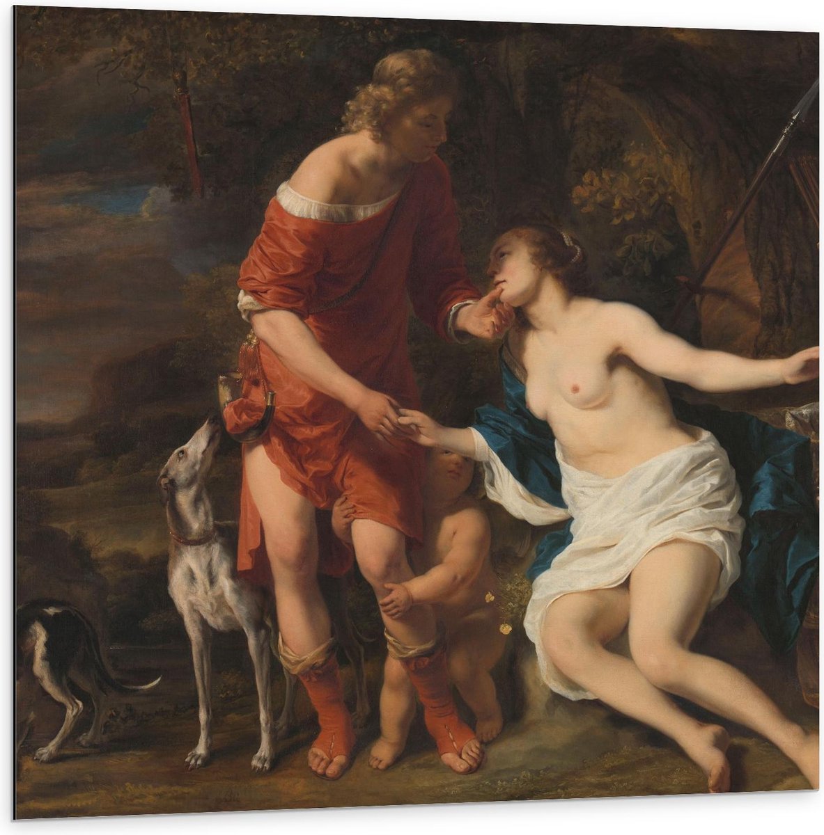 KuijsFotoprint Dibond - Oude Meesters - Venus en Adonis, Ferdinand Bol, ca. 1658 - 100x100cm Foto op Aluminium (Wanddecoratie van metaal) Rood