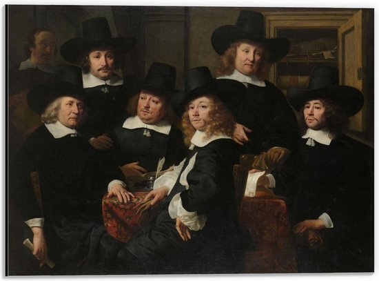 Dibond - Oude Meesters - Zes regenten en de bode van het Nieuwe Zijds Huiszittenhuis te Amsterdam, 1657, Ferdinand Bol, 1657 - 40x30cm Foto op Aluminium (Wanddecoratie van metaal)