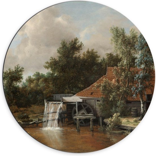 Dibond Wandcirkel - Oude Meesters - Een watermolen, Meindert Hobbema, ca. 1664 - 70x70cm Foto op Aluminium Wandcirkel (met ophangsysteem)