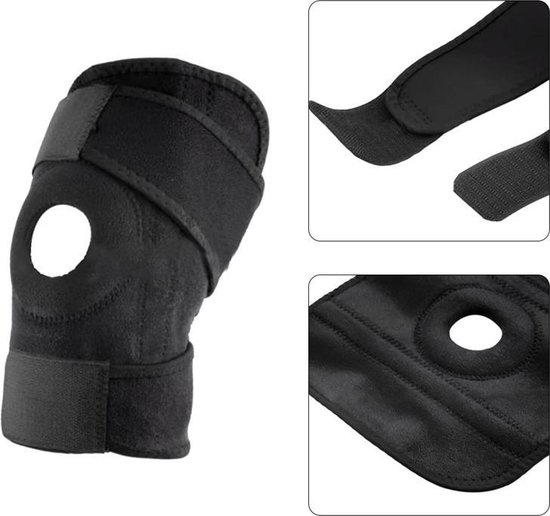 Zwarte kniebeschermer met open patella, met detailopnames van de banden en naden.