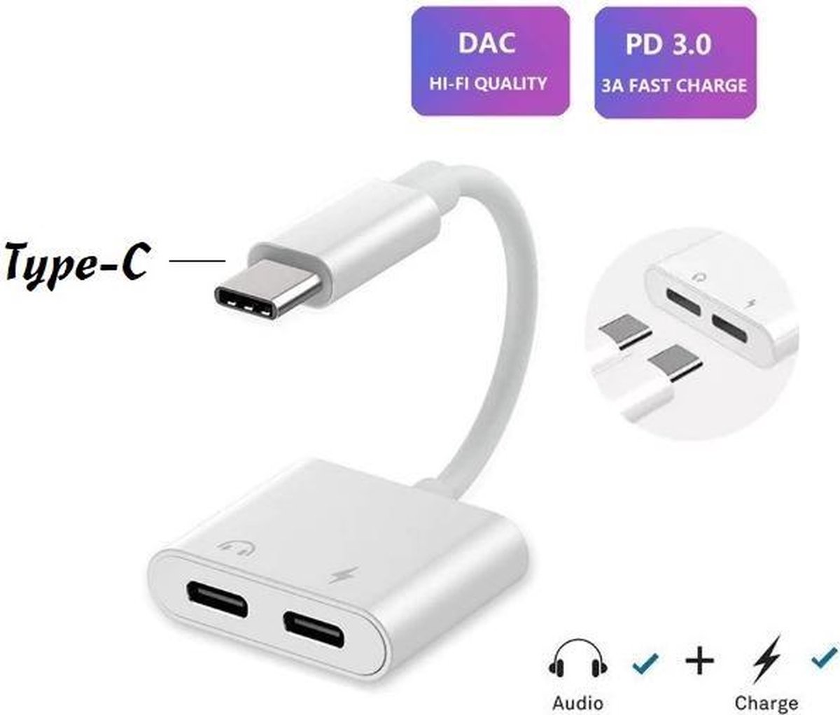 Type C Adaptateur 3A charge rapide 2 en 1 USB Splitter double C adaptateur  audio Chargeur