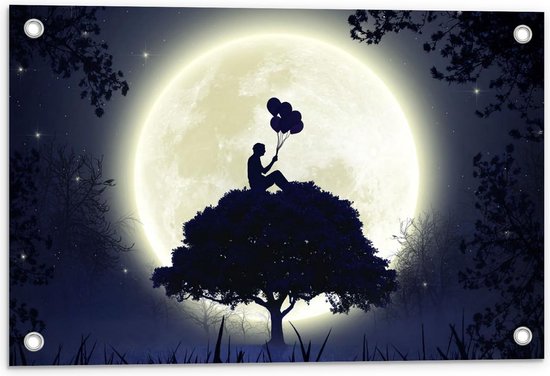 Tuinposter – Silhouette met Balonnen in het Maanlicht - 60x40cm Foto op Tuinposter  (wanddecoratie voor buiten en binnen)