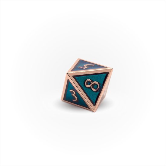 Thumbnail van een extra afbeelding van het spel 7 delige Metalen Dobbelstenen Set - inclusief Opbergzakje - Dungeons & Dragons - Blauw Koper