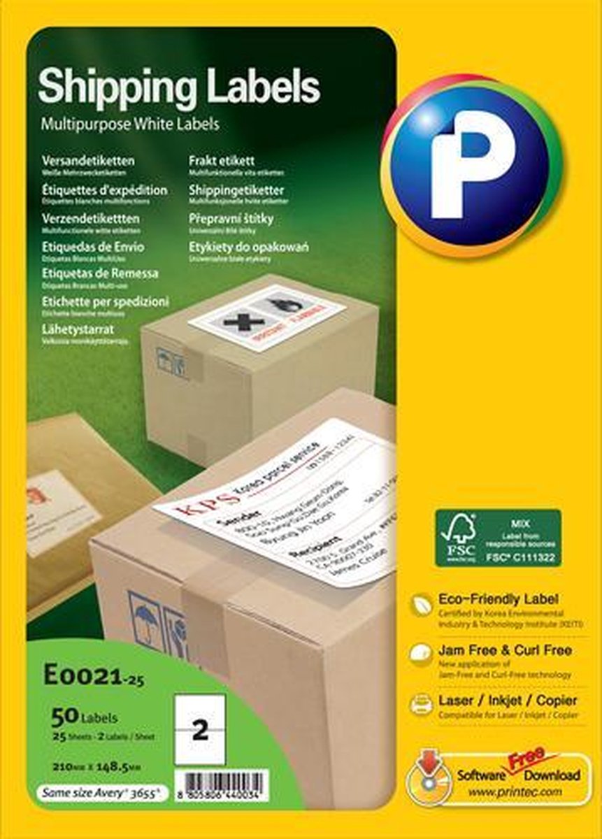 Printec Verzend etiketten - 25 vel - 210x148.5mm - 2 labels per A4 - 50 stickers per doos
