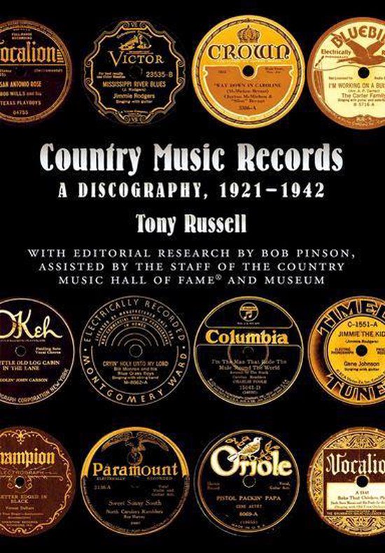 Boek: Country Music Records - Een discografie, 1921-1942. Cover toont veel oude countrymuziekplaten met titels.
