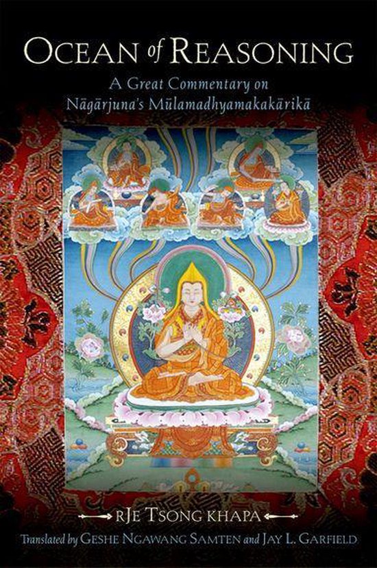 Boekcover 'Ocean of Reasoning', met een Tibetaanse Boeddhistische miniatuur van Tsong Khapa, gezeten op een lotus troon, omringd door Boeddhistische goden.