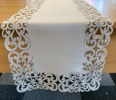 Tafelloper - Wolwit grijs met geborduurde sier rand - Hart - Loper 140 x 40 cm