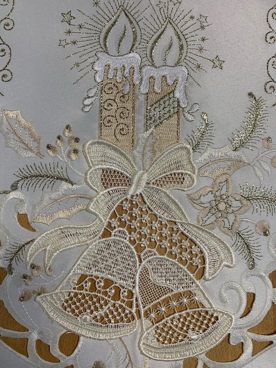 Noël- Nappe Crème avec Bougies et Cloches - Chemin 110 cm