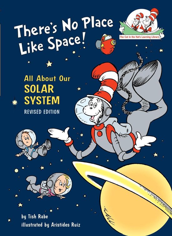 Boekomslag van 'There's No Place Like Space!', met de Cat in the Hat en kinderen in ruimtepakken zwevend door de ruimte rond de zon.