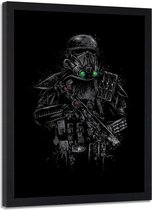 Foto in frame , Zwarte Death Trooper , 70x100cm ,zwart wit , wanddecoratie ,  Premium print