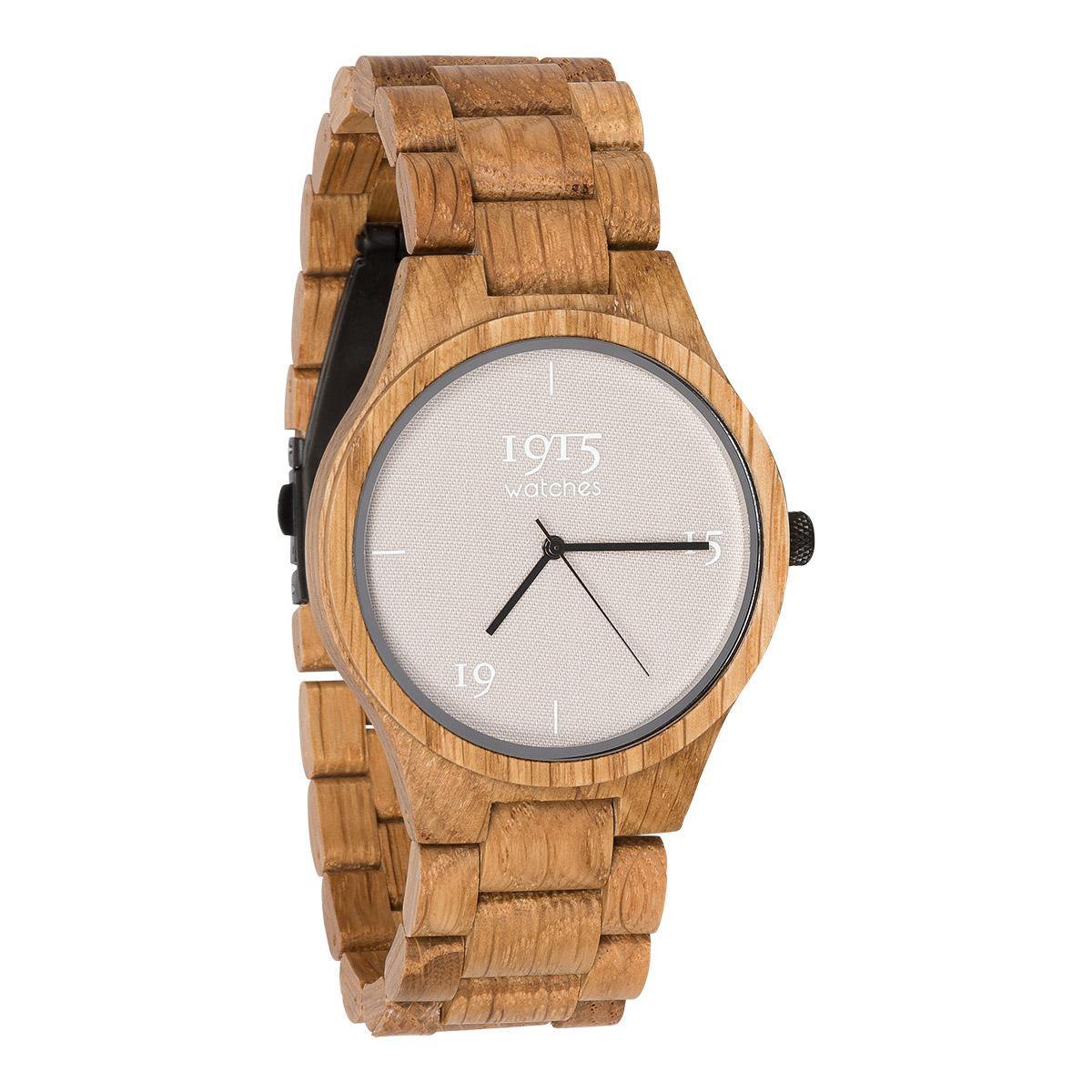 1915 watches™ | 1915 watch men fine cotton white - ø 46 mm | Houten horloge | Eikenhout - Katoen