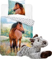 Paarden dekbedovertrek set 140 x 200 cm, incl. super zachte paarden knuffel - 32 cm - bruin/donkerbruin - kinderen slaapkamer - eenpersoons dekbed