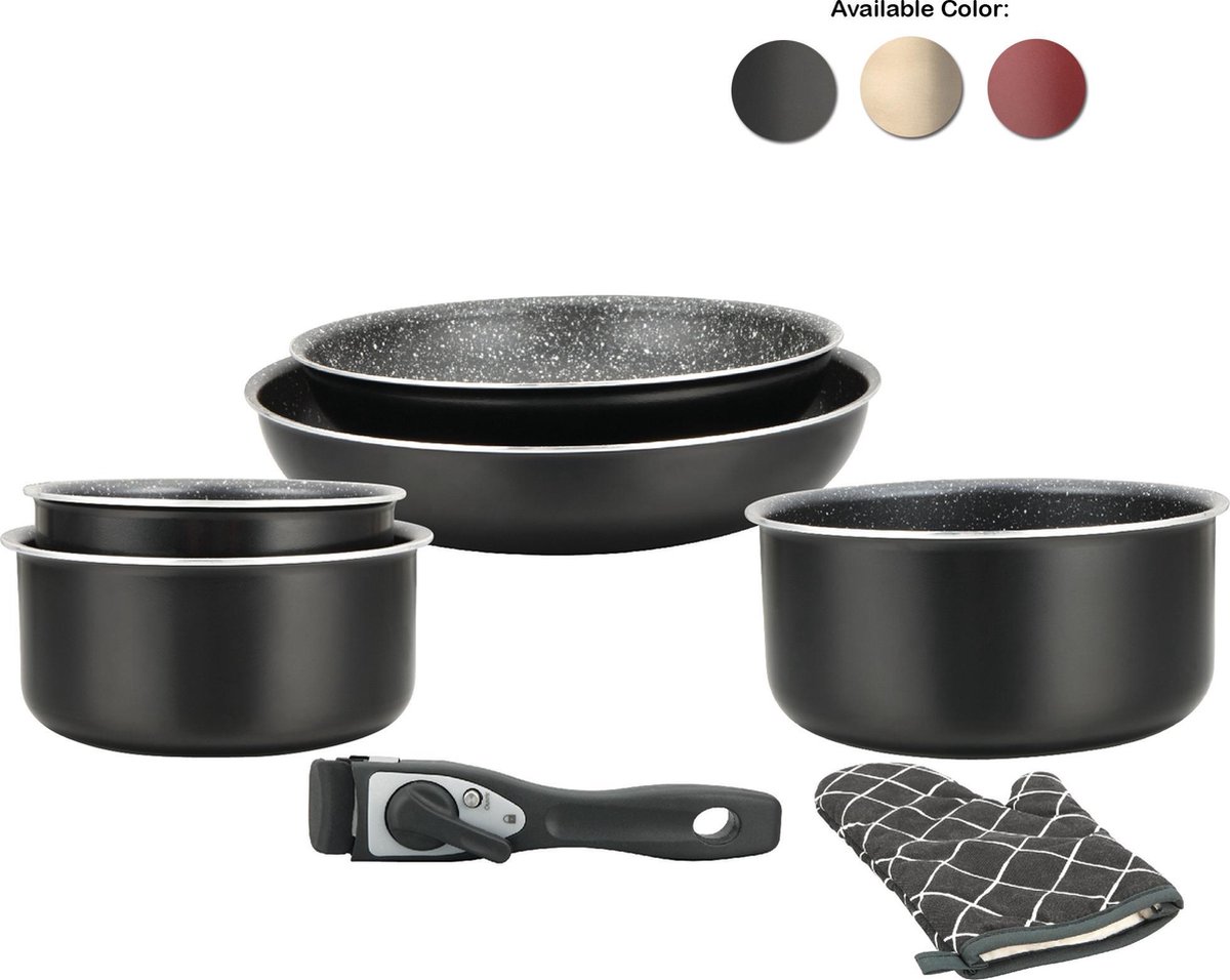Herzberg 7 delige Kookset met Marmercoating en Afneembaar Handvat - Bruin Metaal Look