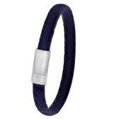 Lucardi Heren Armband gevlochten leer donker blauw - Leer - Armband - Cadeau - 22 cm - Zilverkleurig