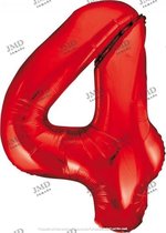 Folie ballon XL 100cm met opblaasrietje - cijfer 4  rood - 4 jaar folieballon - 1 meter groot met rietje - Mixen met andere cijfers en/of kleuren binnen het Jumada merk mogelijk
