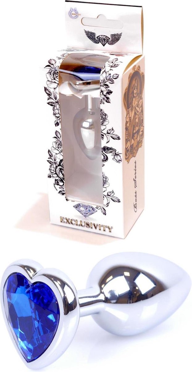 Bossoftoys - Heart Design Silver Plug - Silver - Anal - Heart - Dark Blue Stone - Length 7 Cm - Dia 2,7 Cm - 64-00050 - gave Cadeaubox