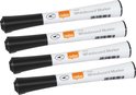 Vier witte whiteboardmarkers met zwarte doppen, elk met het Nobo logo en "Glide Whiteboard Marker" tekst.