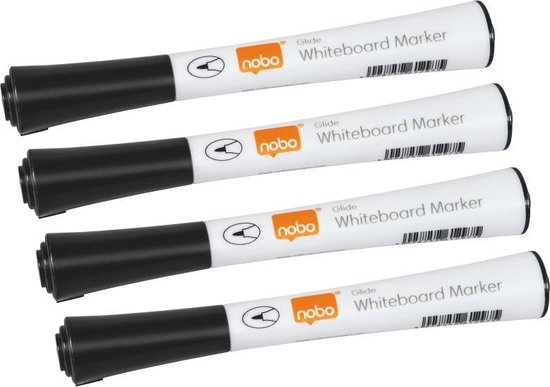 Vier witte whiteboardmarkers met zwarte doppen, elk met het Nobo logo en "Glide Whiteboard Marker" tekst.