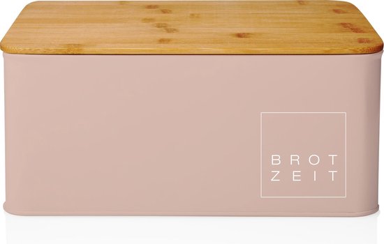 Lumaland Cuisine – Broodtrommel – Metaal met bamboe deksel – Rechthoekig – 30,5 x 23,5 x 14 cm – Roze