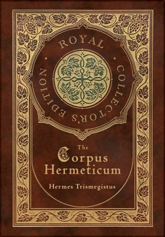Boek 'The Corpus Hermeticum' Royal Collector's Edition in bruin met gouden versieringen en bladerpatroon.