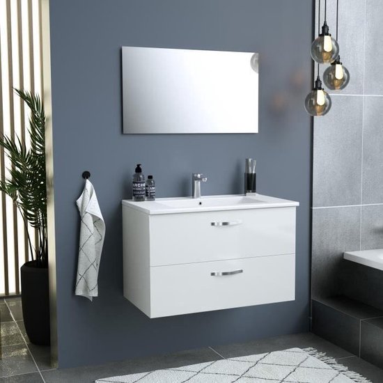 Meuble salle de bain + Vasque + Miroir - 2 tiroirs - Blanc - L 80 cm -  FUNNY | bol.com