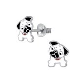 Joy|S - Zilveren hond oorbellen wit met zwarte oren "bulldog"