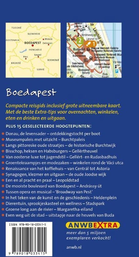 Achterkant reisgids Boedapest met kaart van de stad, adres, ISBN en selectie van 15 hoogtepunten.
