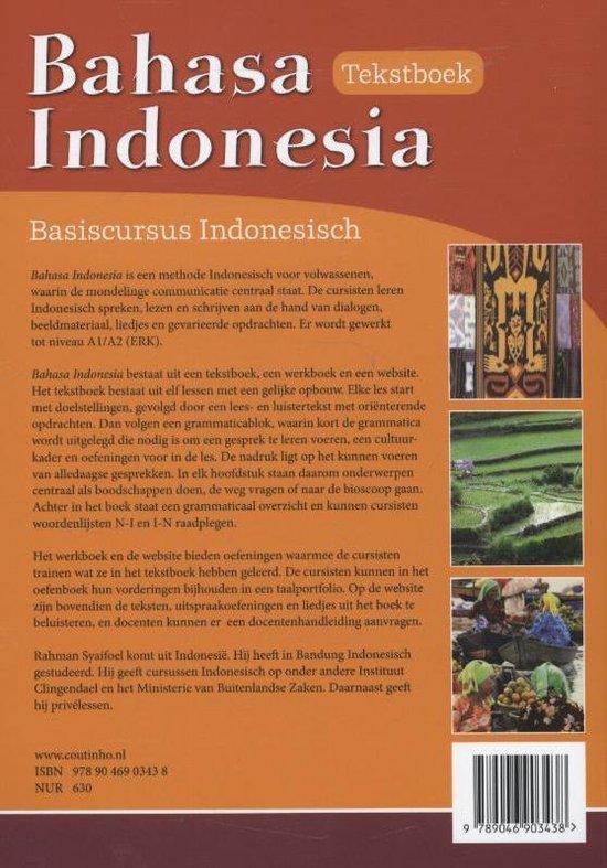 Achterkant boek 'Bahasa Indonesia', tekstboek, basiscursus Indonesisch met informatie en afbeeldingen.