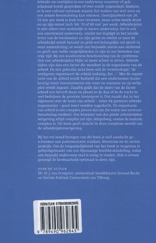 Achterkant boek met tekst over arbeidsrecht en informatie over de auteur Mr. dr. J. van Drongelen.