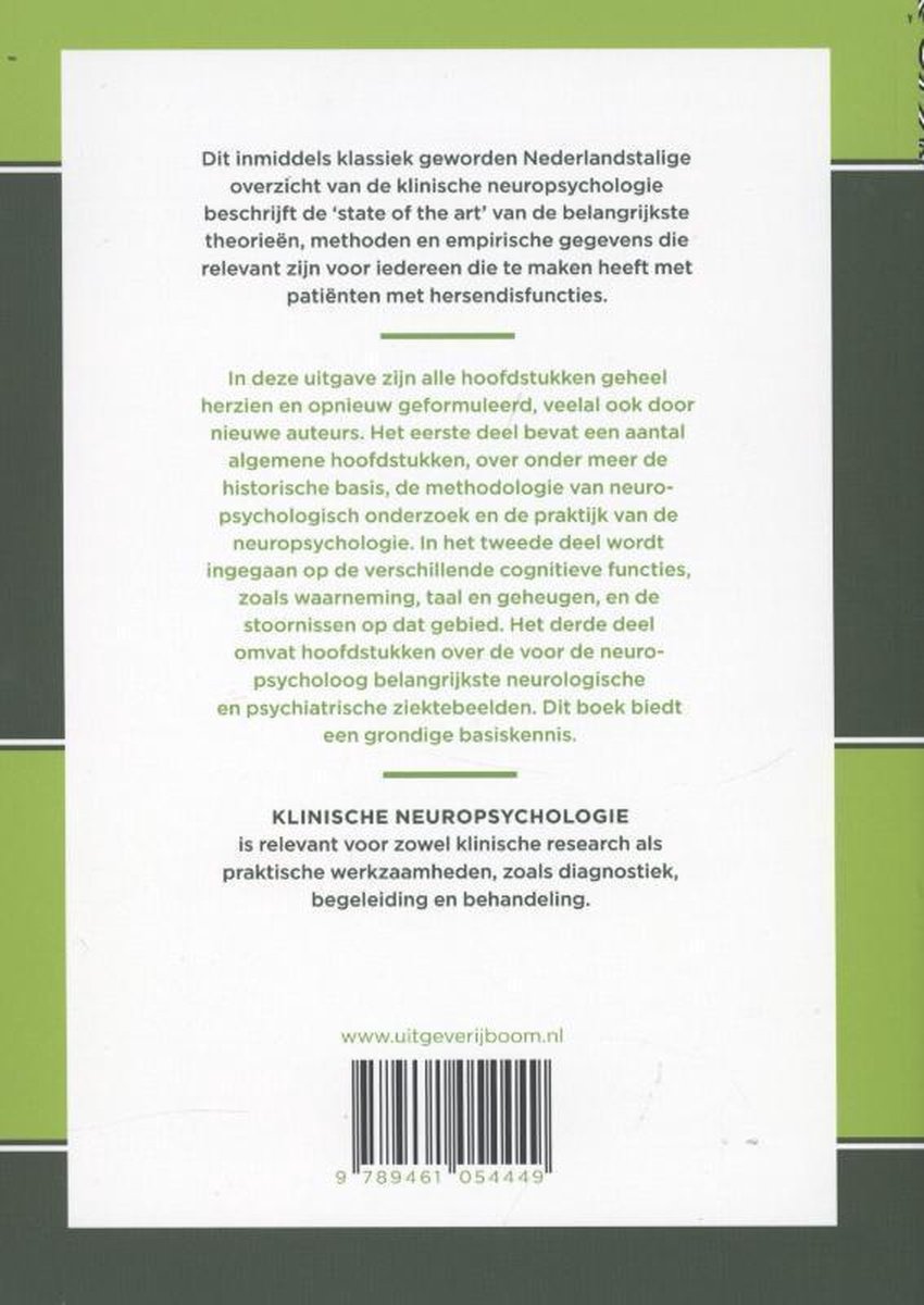 Boekomslag met Nederlandse tekst over klinische neuropsychologie, inclusief titel, uitgever en ISBN.