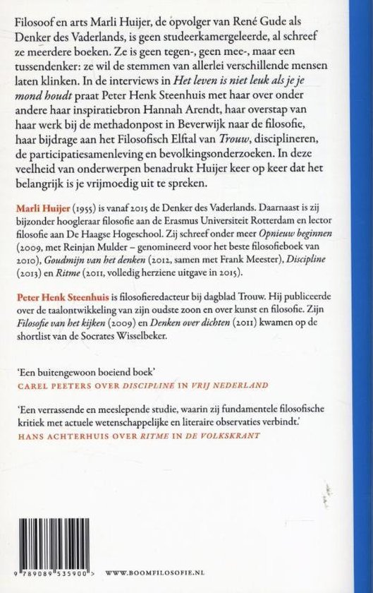 Achterkant van het boek "Het leven is niet leuk als je je mond houdt". Bevat tekst en een streepjescode.