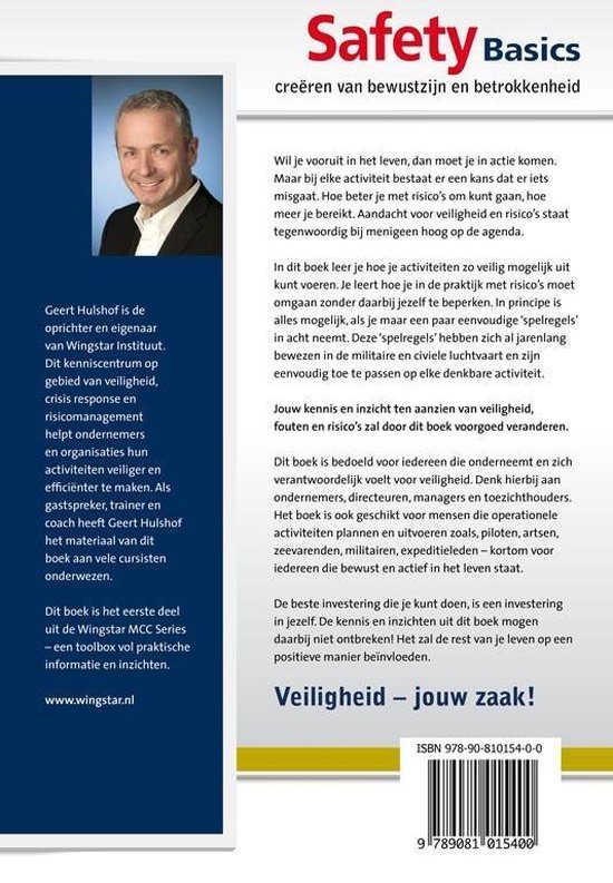 Boekomslag 'Safety Basics' met een portretfoto van Geert Hulshof en tekst over het boek.