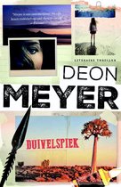 Boekomslag 'Duivelspiek' van Deon Meyer. Met een meisje op het strand en een woestijnlandschap.