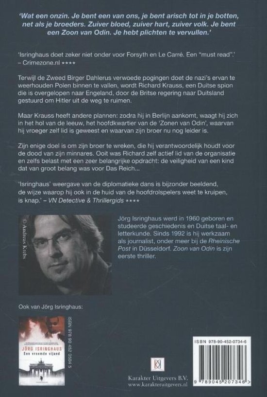 Achterkant van een boek met tekst, een portret van Jörg Isringhaus en een kleinere afbeelding van de voorkant van het boek 'Zoon van Odin'.