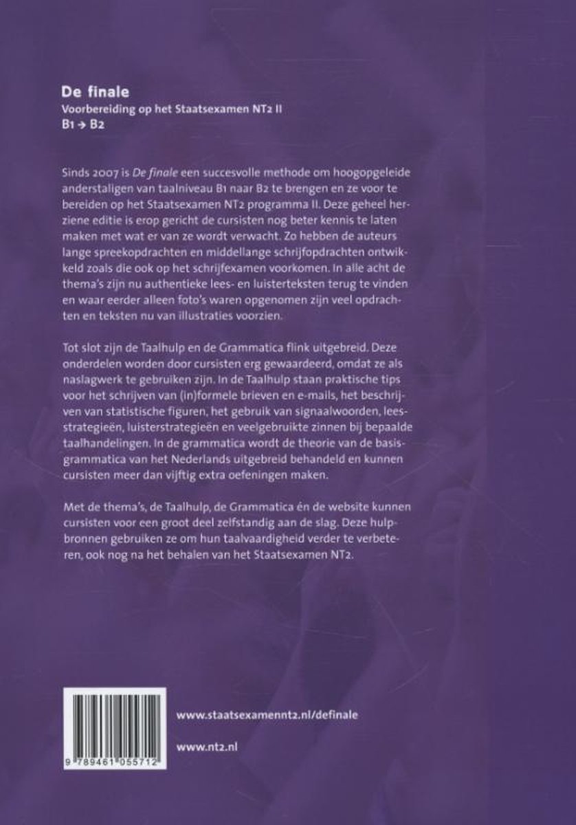 Achterkant boek 'De finale'. Met beschrijving, ISBN en website.