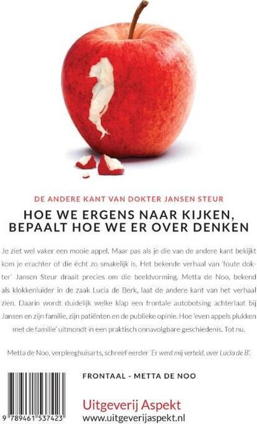 Achterkant boek 'Frontaal' met rode appel, titel en ISBN.