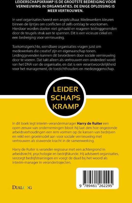 Achterkant van een boek met de titel 'Leiderschapskramp' en een beschrijving van de inhoud. Achtergrond geel en zwart.
