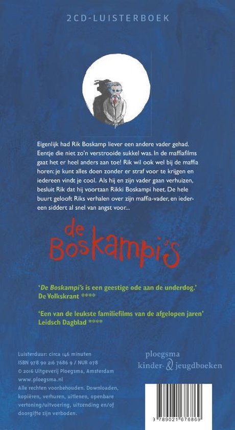 2CD-luisterboek 'de Boskampi's' met illustratie van een jongen met een hoed en bril.