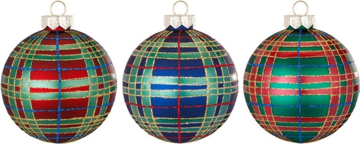 Set van 3 Rode, Blauwe en Groene Geruite Kerstballen - 8 cm - kerstballen met ruitjes