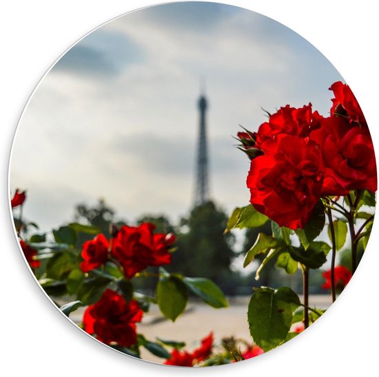 Forex Wandcirkel - Rode Bloemen met Eiffeltoren op Achtergrond - 50x50cm Foto op Wandcirkel (met ophangsysteem)