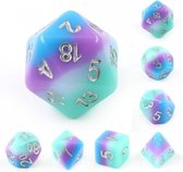 Polyset Dice | Dobbelstenen - Set Van 7 Stuks - Blauw Paars Wit Groen Zilver | Voor D&D en Andere Rollenspellen | Plastic Dobbelstenen Set voor Dungeons and Dragons | Polyhedral Di
