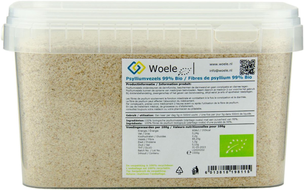 Psylliumvezels bio 99% zuiverheid 1000g psyllium husk vlozaad vezel