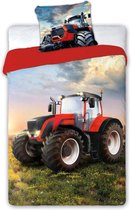 1-persoons dekbedovertrek grote rode trekker (rood) / tractor in het weiland / akker (boerderij) 140 x 200 CM KATOEN